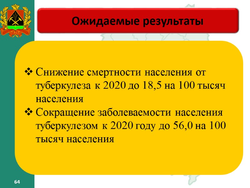 64 64 Ожидаемые результаты – Снижение смертности населения от туберкулеза к 2020 64 64 Ожидаемые результаты – Снижение смертности населения от туберкулеза к 2020